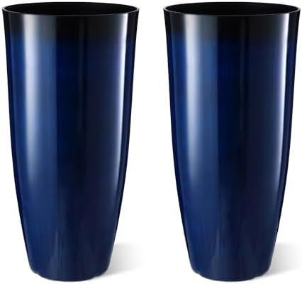 Glitzhome 30" H Tall Planters for Outdoor Plants, Set of 2 Plastic Large Outdoor Planters with Gradient Cobalt Blue Faux Ceramic Finish,Large Flower Pots with Drainage Holes for Front Porch Indoor by Glitzhome
