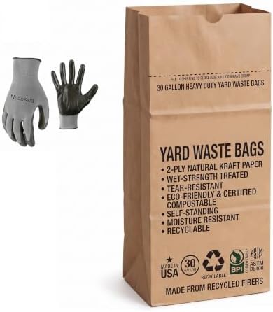 30 Gallon Lawn & Leaf 2-Ply Heavy-Duty Yard Waste Compost Refuse Paper Bags with Necessia Garden Gloves, Eco-Friendly, Tear Resistant, Self Standing, Biodegredable, Made in USA, 25 Count by Necessia