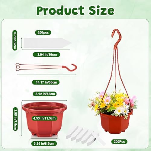 200 Pack 5.1 Inch Plastic Hanging Pots Bulk Nursery Hanging Planters with Hooks and Drainage Small Grower Pots for Indoor Outdoor Plants, Garden, Includes 200 Labels(Brown) - Image 2