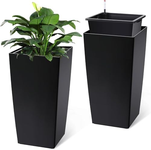 30 Inch Tall Planters Set of 2, Large Black Indoor Outdoor Flower Pots for Front Porch, Modern Tall Plant Containers with Drainage Holes, Water Level Indicator & Inner Bucket, Patio Deck Balcony Decor by PioneerWorks