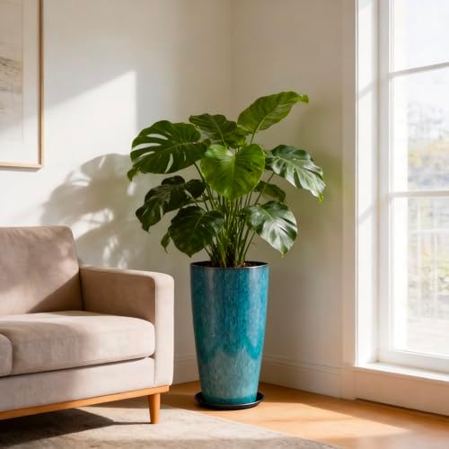 21 inch Tall Planter, Indoor Outdoor Planter Set of 2 Tall Outdoor Planters for Porch Large Planter Pot with Drainage Hole for Home Garden Front Door (Deep Blue) - Image 6
