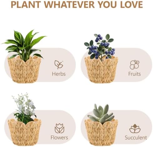 Wicker Scalloped Plant Basket with Plastic Liner for Indoor, Set of 4, | Hand Woven Water Hyacinth Rattan Flower Pots Cover - Image 4