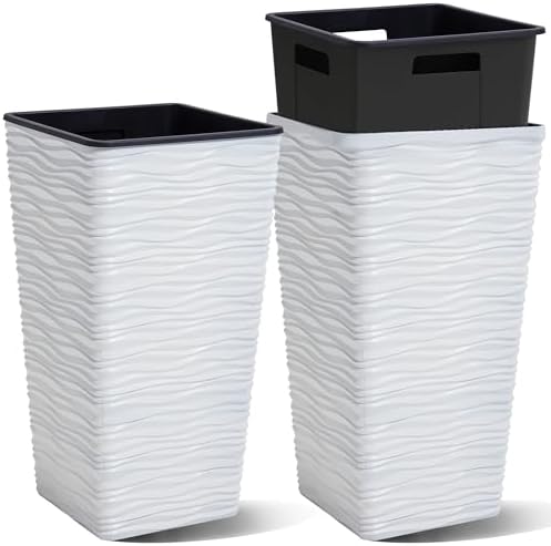 Worth Garden 2-Pack 22" H. White Square Tapered Planter with Inside Pots - Plastic Plant Pots for Indoor Outdoor - Modern Wavy Finish Decorative Flower Pots for Front Porch Containers Patio Deck by WORTH