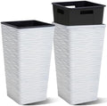 Worth Garden 2-Pack 22" H. White Square Tapered Planter with Inside Pots - Plastic Plant Pots for Indoor Outdoor - Modern Wavy Finish Decorative Flower Pots for Front Porch Containers Patio Deck by WORTH