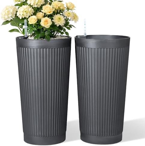 TUYOHW Set of 2 Large Round Tall Planter for Indoor or Outdoor 24" Flower Pots for Porch, Patio, Backyard, Large Planters for Outdoor Indoor Plants by Unknown