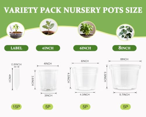 RooTrimmer 15 Pack 8/6/4 Inch Clear Nursery Pots with Drainage Hole, Transparent Plastic Plant pots, Sturdy Planting Starter Pots for Seedlings Herbs Flowers Vegetable (Clear-15P) - Image 2
