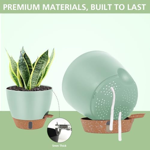 Self Watering Pots with Water Level Indicator, 12" 10" 9" 8" Large Plastic Flower Pots with Mesh Drainage Hole and Removable Saucer Reservoir for Indoor Outdoor Plants (Green) - Image 2