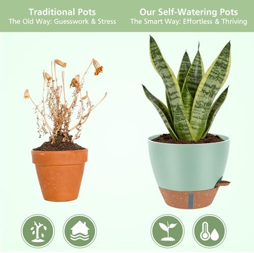 Self Watering Pots with Water Level Indicator, 12" 10" 9" 8" Large Plastic Flower Pots with Mesh Drainage Hole and Removable Saucer Reservoir for Indoor Outdoor Plants (Green) - Image 6