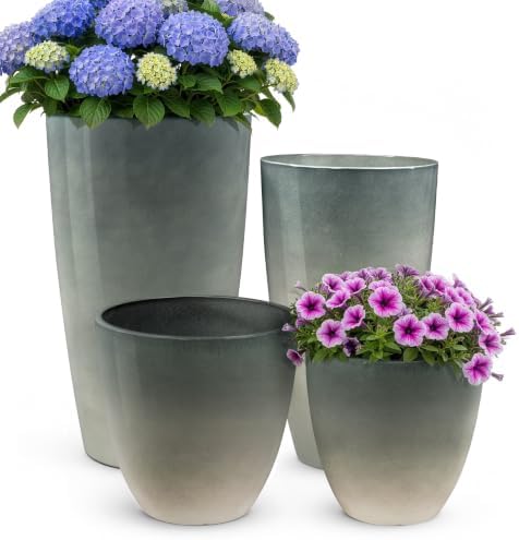 ZMTECH 24/21/12/10 Inch Charcoal Gray Green Gloss Planter Set, 4 Pack Large Outdoor Planters with Drainage Holes & Saucers, Glossy Smooth Lightweight Plastic Plant Pots for Indoor Patio Garden Décor by HighQualityGardeningTools