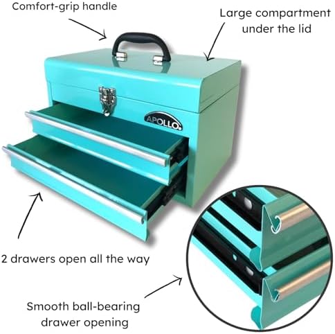 Apollo Tools 14 Inch Steel Tool Box, Aqua Green DT5010-GR - Image 2
