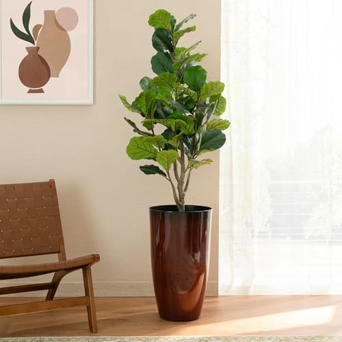 Glitzhome 23.5" H Oversized Tall Planter, Set of 2 Plastic Large Outdoor Planters with Drainage Holes, Gradient Red Faux Ceramic Finish, Large Flower Pots Round Plant Pots for Indoor Outdoor Patio - Image 3