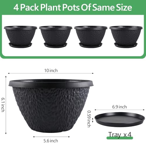 Nooulap 10 inch Plant Pots Outdoor Indoor, 4 Pack, Black - Image 2