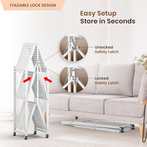 Our Modern Space 3-Tier Foldable Storage Shelf with Wheels | Metal Rack Collapsible Shelving Display | Rolling Cart for Books Kitchen Storage Shelves | Pantry & Closet Organizer | Office Room Decor - Image 4