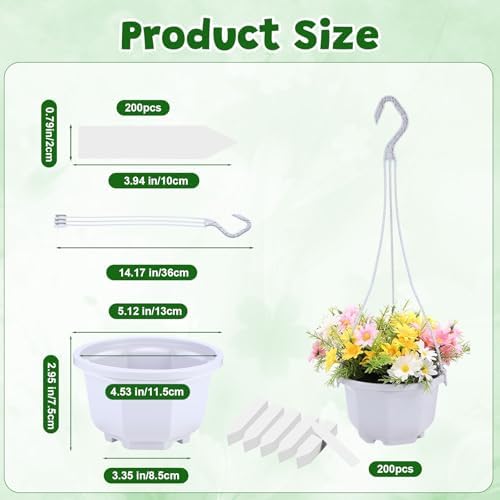 200 Pack 5.1 Inch Plastic Hanging Pots Bulk Nursery Hanging Planters with Hooks and Drainage Small Grower Pots for Indoor Outdoor Plants, Garden, Includes 200 Labels(White) - Image 2