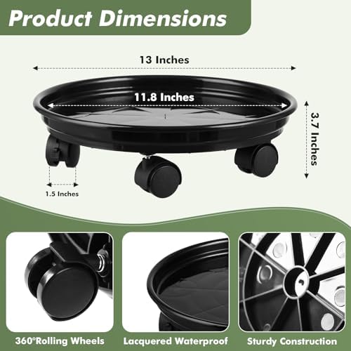 6 Packs Plant Caddy with Wheels 11.8" Plastic Rolling Plant Dolly Coasters Heavy-duty Wheeled Planter Mover Rollers Indoor Outdoor Wheeled Flower Pot Base Saucers with Casters, Black - Image 5