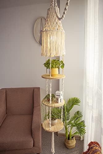 YKBU Macrame Plant Hanger Shelf Hanging Rope Shelf Indoor with Boho Lamp Shade 3 Tier Floating Round Shelves Decorative Shelf Flower Pot Holder Planter Display Rack Boho Home Decor-1 Set - Image 2