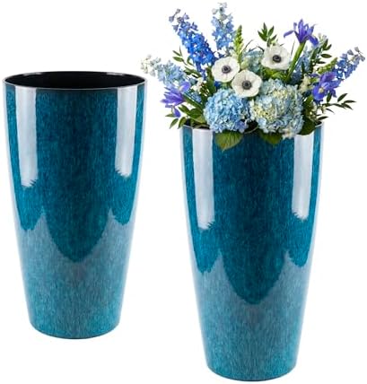21 inch Tall Planter, Indoor Outdoor Planter Set of 2 Tall Outdoor Planters for Porch Large Planter Pot with Drainage Hole for Home Garden Front Door (Deep Blue) by Lucieblessdesign