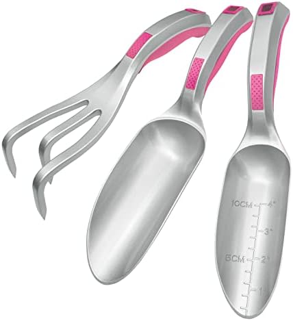 Garden Tool Set, 3PC Bend Proof Gardening Tool Kits (Soil Scooper, Garden Trowel, Cultivator Hand Rake), One-Piece Aluminum, Garden Gift Pink - Image 2