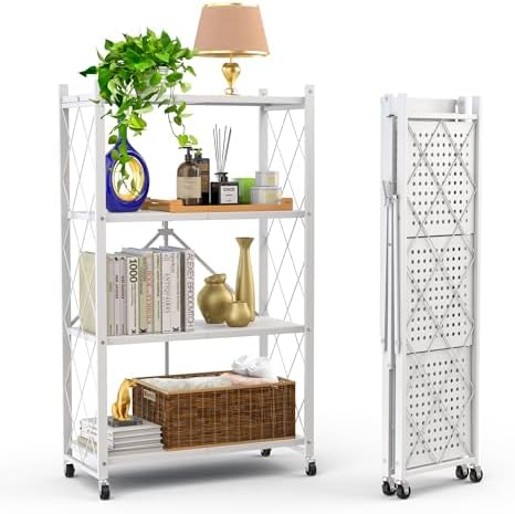 Our Modern Space 4-Tier Foldable Storage Shelf with Wheels | Metal Rack Collapsible Shelving Display | Rolling Cart for Books Kitchen Storage Shelves | Pantry & Closet Organizer | Office Room Decor by OurModernSpace