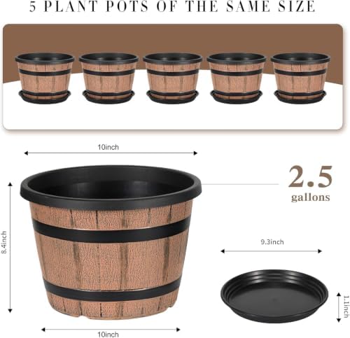 10 Inch Whiskey Barrel Planters with Drainage Holes & Saucer, 5 Pack Plastic Plant Pots with Wine Barrel Design, Flower Pots for Indoor Outdoor Balcony - Image 2