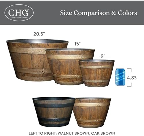 Classic Home and Garden Whiskey Plastic Resin Flower Pot Barrel Planter, Oak Brown, 20.5" (4 Pack) - Image 6