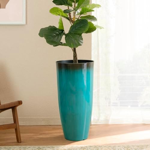Glitzhome 30" H Tall Outdoor Planter, Set of 2 Large Tall Planters with Gradient Turquoise Faux Ceramic Finish, Plastic Large Flower Pots for Porch Garden Indoor All Season Decor,with Drainage Holes - Image 5