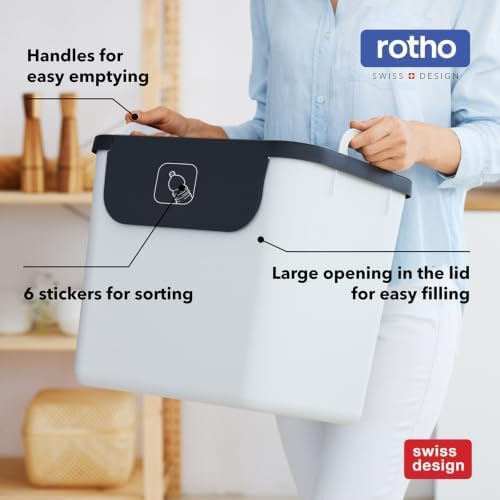 Rotho Jive Waste Separation System Set of 3 Waste Separation System 30 L for the Kitchen, Plastic (PP Recycled), Dark Grey/White/Green, 3 x 30 L (39.8 x 29.8 x 50.1 cm) - Image 4
