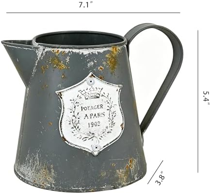 Vintage Rustic Metal Flower Vase Farmhouse Plant Pitcher, Distressed Gray Galvanized Flower Jug, Rustic French Country Decorative Watering Can Vase for Home, Kitchen, Wedding - Image 6