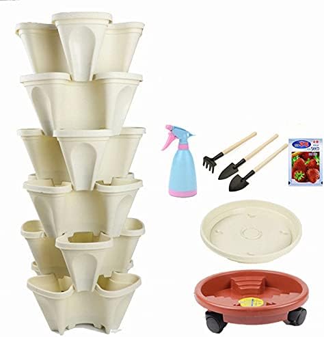 Large Vertical Gardening Stackable Planters-Indoor Outdoor Stacking Flower Pot Tower with Strawberry Seeds and Garden Tool Set and Watering Can-Stackable Pots by Unknown