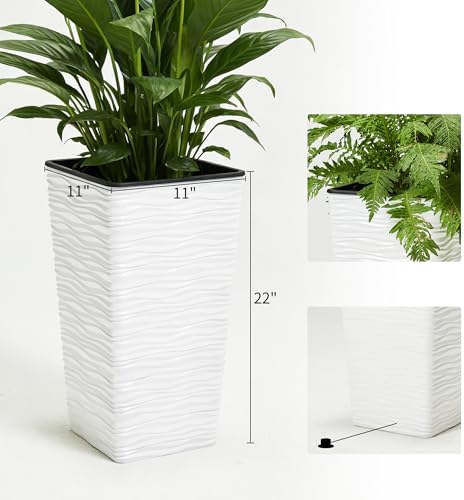 Worth Garden 2-Pack 22" H. White Square Tapered Planter with Inside Pots - Plastic Plant Pots for Indoor Outdoor - Modern Wavy Finish Decorative Flower Pots for Front Porch Containers Patio Deck - Image 6