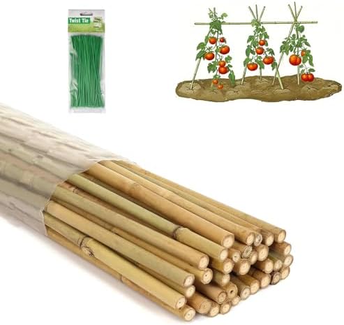 4 Ft Bamboo Stakes with 100 Twist Ties Natural Bamboo Garden Stakes for Tomatoes Cucumber Grapes Pole Beans Trees Potted Dahlia Flowers and Climbing Plants - Pack of 25 by Moromyse