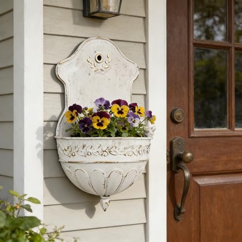 Vintage Rustic Wall Planter Distressed Decor Iron Hanging Plant Basket Shabby Metal Wall Mounted Flower Holder Pot Stand for Indoor Outdoor Home Balcony Patio Farmhouse Garden Decorative Bird White - Image 3