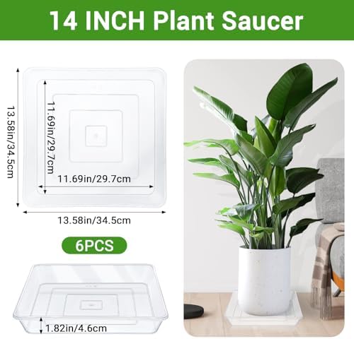 Greaner 14 Inch of Plastic Plant Saucer, 6 PCS Durable Plant Trays for Indoors, Square Plant Water Dray Tray, Plant Water Catcher Drip Dishes, Clear Drip Trays for Indoors & Outdoor Plants - Image 2