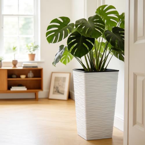 Worth Garden 2-Pack 22" H. White Square Tapered Planter with Inside Pots - Plastic Plant Pots for Indoor Outdoor - Modern Wavy Finish Decorative Flower Pots for Front Porch Containers Patio Deck - Image 2