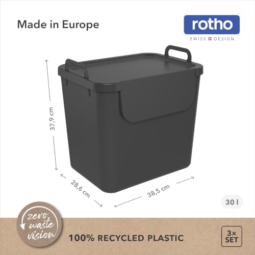 Rotho Jive Waste Separation System Set of 3 Waste Separation System 30 L for the Kitchen, Plastic (PP Recycled), Dark Grey/White/Green, 3 x 30 L (39.8 x 29.8 x 50.1 cm) - Image 6