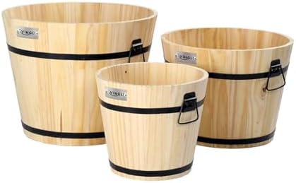 VINGLI 3 PCS Large Wooden Planter Barrel Set, 11.5"(Dia)- 18"(Dia), Real Wood Flower Pot with Drainage Holes, Different Sizes, Large Garden Container Box, Indoor & Outdoor (Honey) by VINGLI