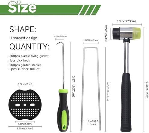 6 Inch Landscape Staples Set, 11 Gauge Galvanized U-Shaped Garden Stakes (200 Pack) with 200 Gaskets, Hook Tool & Rubber Mallet for Weed Fabric & Landscaping - Image 2