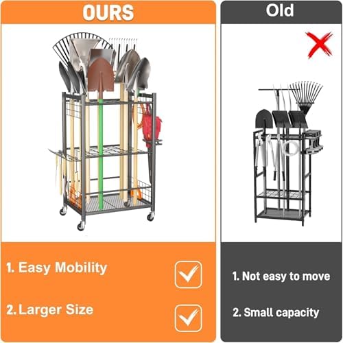TORACK Garden Tool Stand with Wheels, Rakes Shovels Holder Yard Tools Organizer for Garage, Garden, Shed Indoor/Outdoor Long-Handled Tools Cart(Tool stand) - Image 5