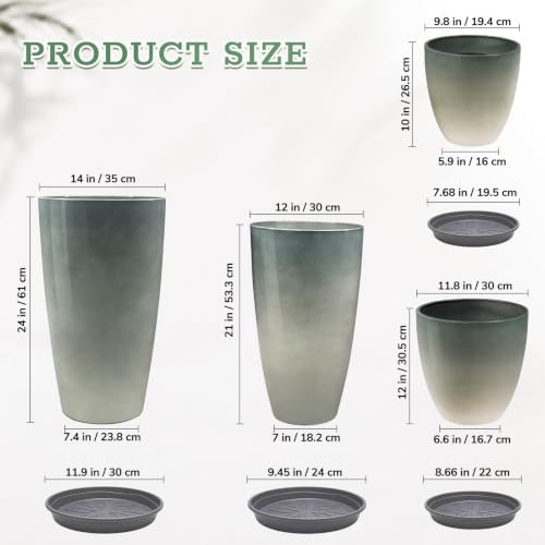 ZMTECH 24/21/12/10 Inch Charcoal Gray Green Gloss Planter Set, 4 Pack Large Outdoor Planters with Drainage Holes & Saucers, Glossy Smooth Lightweight Plastic Plant Pots for Indoor Patio Garden Décor - Image 2