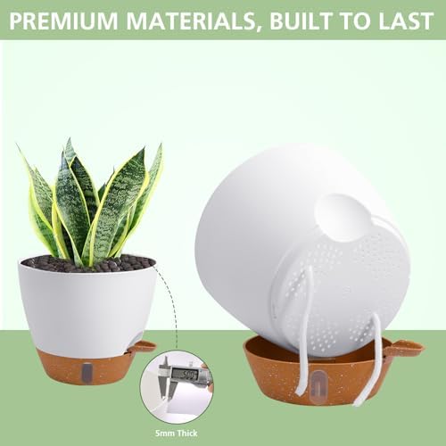 Self Watering Pots with Water Level Indicator, 12" 10" 9" 8" Large Plastic Flower Pots with Mesh Drainage Hole and Removable Saucer Reservoir for Indoor Outdoor Plants (White) - Image 2