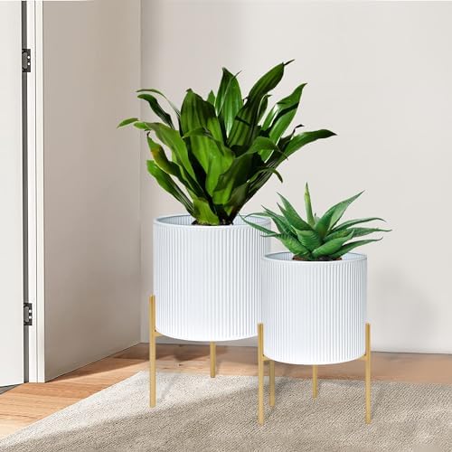 ARNIS Modern Plant Pots, Set of 2 Round Large Planters with Stand, Large Size Metal Pots with Drainage Holes for Living Room, Office, Garden or Balcony, 10.5 &12.25 Inch, White & Gold by ARNIS