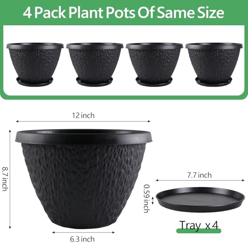Nooulap 12 inch Plant Pots Outdoor Indoor, 4 Pack, Black - Image 2