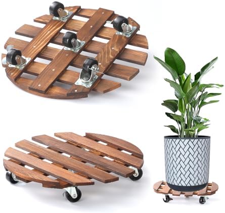 2 Pack 14" Plant Caddy with 5 Wheels, Rolling Plant Stand 220 LB Heavy Duty Wooden Round Plant Dolly with Metal 360° Lockable Caster Wheels for Outdoor Indoor Large Plant Pots, Flower Pot, Patio by PRAQECZ
