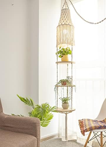 YKBU Macrame Plant Hanger Shelf Hanging Rope Shelf Indoor with Boho Lamp Shade 3 Tier Floating Round Shelves Decorative Shelf Flower Pot Holder Planter Display Rack Boho Home Decor-1 Set by MAKEONEWO