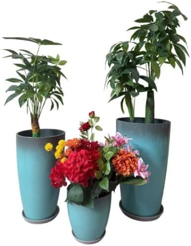 24,21,11 Inch Large Plastic Planters with Drainage Hole and Saucer - Set of 3 Tall Plant Pots Indoor Flower Pot Tall Round Planters Outdoor Large Tall Planter by MinCHI257