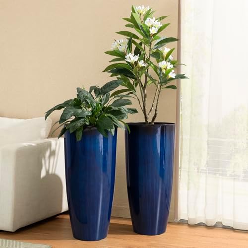 Glitzhome 30" H Tall Planters for Outdoor Plants, Set of 2 Plastic Large Outdoor Planters with Gradient Cobalt Blue Faux Ceramic Finish,Large Flower Pots with Drainage Holes for Front Porch Indoor - Image 3