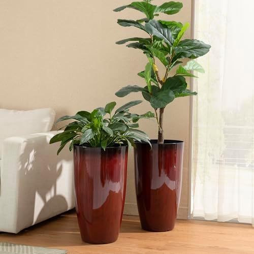 Glitzhome 23.5" H Oversized Tall Planter, Set of 2 Plastic Large Outdoor Planters with Drainage Holes, Gradient Red Faux Ceramic Finish, Large Flower Pots Round Plant Pots for Indoor Outdoor Patio - Image 2