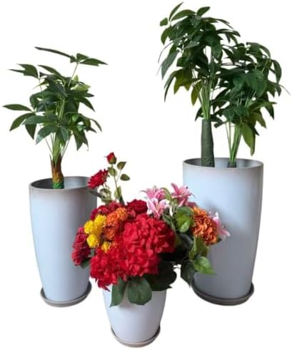 24,21,11 Inch Large Plastic Planters with Drainage Hole and Saucer - Set of 3 Tall Plant Pots Indoor Flower Pot Tall Round Planters Outdoor Large Tall Planter by MinCHI257