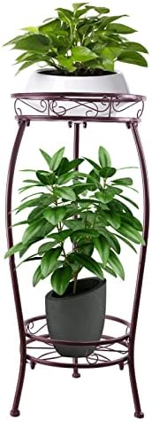 Plant Stand Indoor Outdoor,2 Tiers 27.1'' Metal Tall Plant Stands,Iron Corner Flower Pot Holder, Plant Rack,Display Shelf Racks for Home Garden Office -Brown by YHIJURS