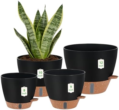 Self Watering Pots with Water Level Indicator, 12" 10" 9" 8" Large Plastic Flower Pots with Mesh Drainage Hole and Removable Saucer Reservoir for Indoor Outdoor Plants 4pcs （Black by ZDZDFF